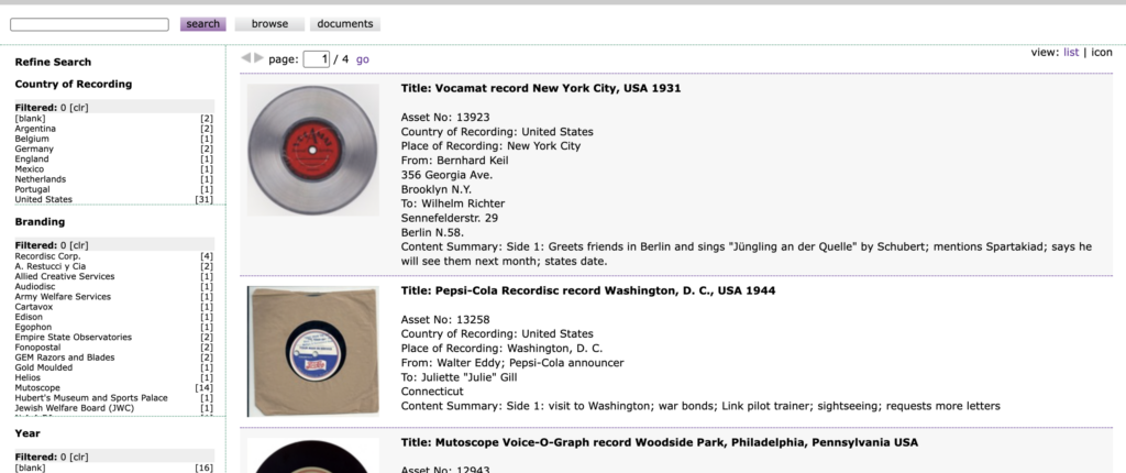A list of past records sent in the mail that you can click on and listen to. Each has a written description detailing where it was recorded, who recorded it, who received it, and a summary of the content. The left hand side of the screen has filters to refine a search of the site, like county, branding, and year (those are the three shown on screen). 